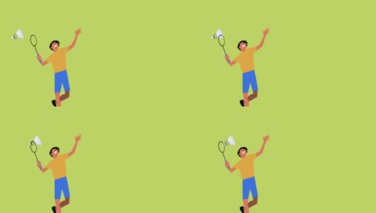 优步杯羽毛球运动与男孩做跳跃，粉碎和绿色背景高清在线视频素材下载