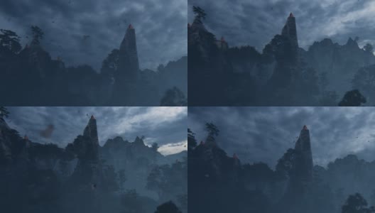 少林和尚在一个被高山和森林包围的悬崖上祈祷，对抗着暴风雨的天空高清在线视频素材下载