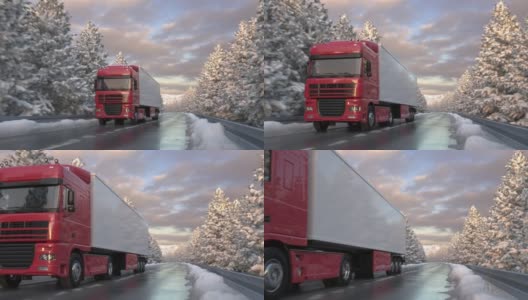 半挂车在下雪的乡村道路上通过摄像机的正面视图高清在线视频素材下载