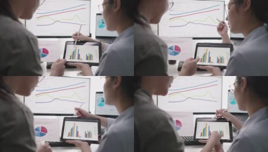 金融分析师在数字平板电脑上看到图表和图表高清在线视频素材下载