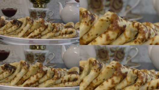 传统的俄罗斯小薄饼。煎饼。煎饼。Maslenitsa是东斯拉夫的一个传统节日，在大斋节前一周庆祝。高清在线视频素材下载