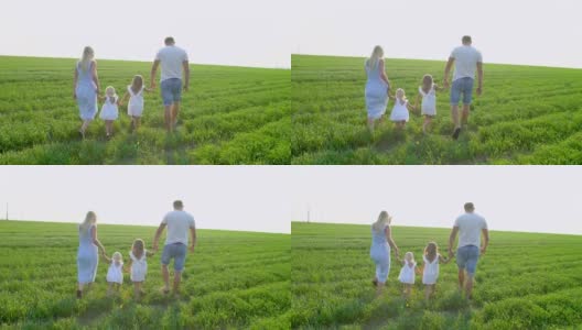 一个年轻快乐的四口之家带着两个孩子在绿地上散步。一家人带着孩子，孩子们在夏天的田野上散步。母亲，父亲和两个小女儿一起在户外享受大自然。美丽、健康、爱情、旅游、夏日时光的概念高清在线视频素材下载