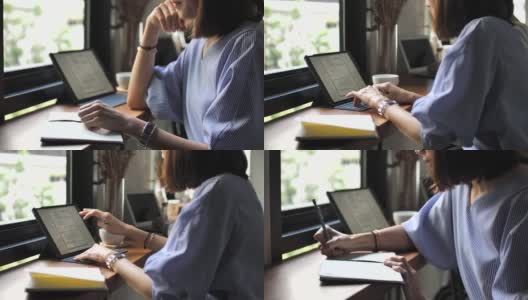 一个女人在咖啡馆写纸条，在网上写博客高清在线视频素材下载