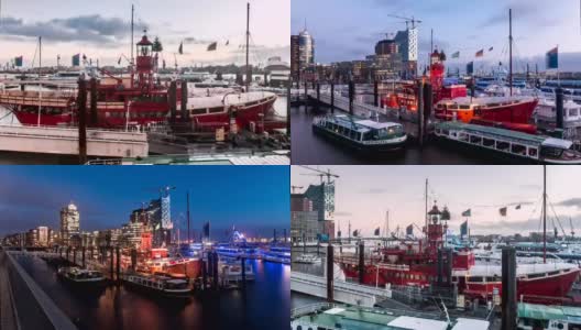 汉堡港从白天到夜晚的超级坍塌高清在线视频素材下载