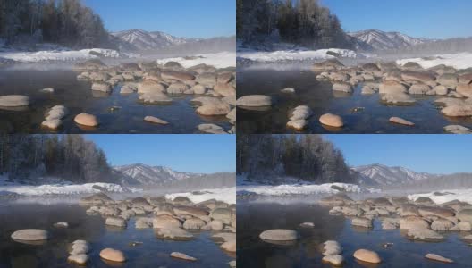 大圆石在阿尔泰河Katun上的蓝色湖泊地方高清在线视频素材下载