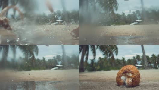 慢动作:毛茸茸的椰子从棕榈树上掉下来，摔在混凝土壁架上。高清在线视频素材下载