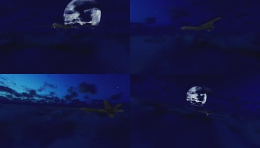 军用无人机在云层上空巡航，身后是满月高清在线视频素材下载