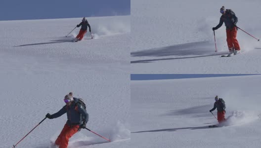 乡间滑雪者下山，积着厚厚的粉雪高清在线视频素材下载