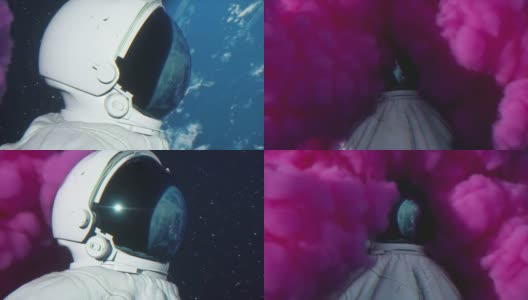 爆炸的彩色明亮的烟雾包围了宇航员高清在线视频素材下载