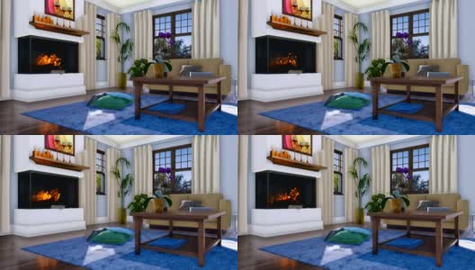 现代壁炉在舒适的客厅室内3D动画高清在线视频素材下载