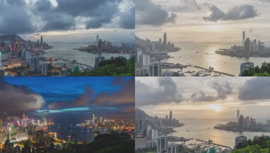 从红香炉山顶，4K DCI白天到晚上的时间拍摄香港岛、维多利亚港和九龙城的景观或城市景观。亚洲旅游目的地概念。缩小的效果高清在线视频素材下载