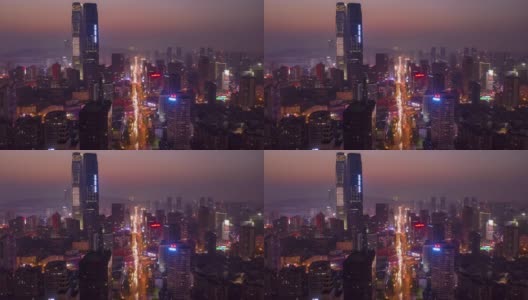 日落夜晚照明长沙市中心市中心交通街道空中延时全景4k中国高清在线视频素材下载