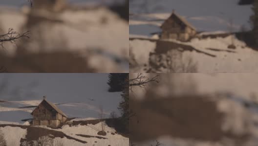 聚焦拉克鲁萨山边的一间老木屋高清在线视频素材下载