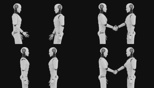 未来机器人握手，黑色背景的人工智能CGI高清在线视频素材下载