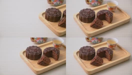 中国月饼黑巧克力味木盘高清在线视频素材下载