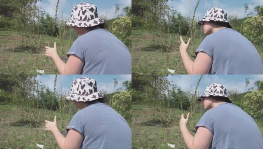 一个年轻迷人的植物学家女士的后视图与水桶太阳帽坐在地球上的田野在夏天和数种子和水果的花与笔记上的枝植物学植物学植物科学自然花研究分析植物学家草药高清在线视频素材下载