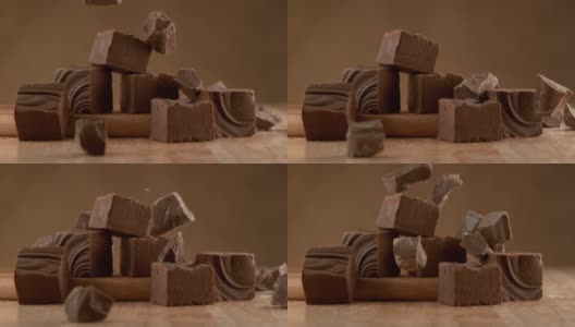 巧克力软糖，原料以慢动作落下。使用幻影Flex 4K相机拍摄。高清在线视频素材下载