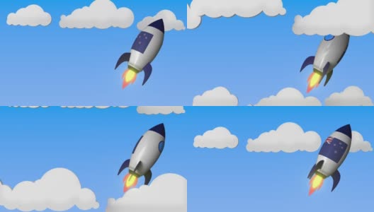 挂着新西兰国旗的火箭在天空中飞翔。国家成功或空间计划相关的可循环运动背景高清在线视频素材下载