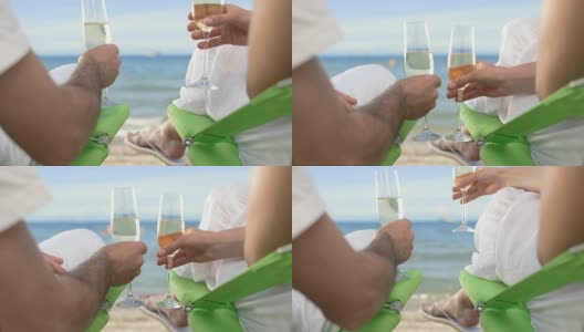 一对夫妇在海滩上用香槟祝酒高清在线视频素材下载