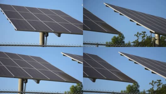 德克萨斯州中部的这两个大型收集器是由许多太阳能电池板组成的。大型太阳能电池板太阳能系统奥斯汀，德克萨斯州可再生电力创造高清在线视频素材下载