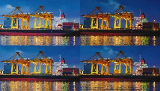 日落时分，一艘货船停靠在港口。高清在线视频素材下载