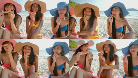 三个性感的女人笑着吃冷西瓜片，在海滩上玩，暑假。假期——iStock高清在线视频素材下载