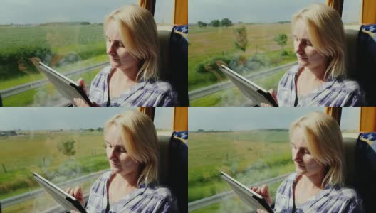 一名年轻女子乘公共汽车旅行，享受着平板电脑。窗外是一片风景如画的地区，公交车很快就到了高清在线视频素材下载