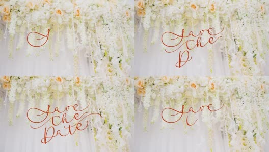 书写的动画保存日期书法文字与华丽的框架元素的婚礼拱门与白色和粉红色的花。复古和金银丝装饰。金银丝分配器婚礼请柬高清在线视频素材下载
