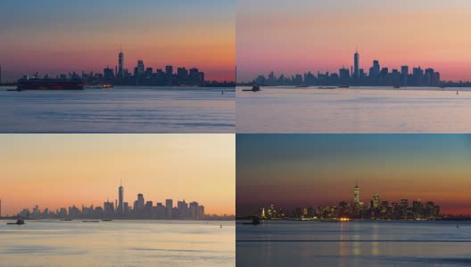 从纽约城市港的金融区摩天大楼的暮光到日出高清在线视频素材下载