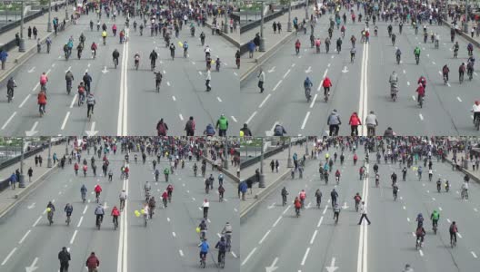 概念自行车和健康的生活方式。成千上万的人在自行车游行。鸟瞰图高清在线视频素材下载
