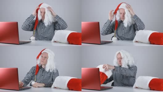 戴着假发的年轻人戴着圣诞帽，每秒50帧高清在线视频素材下载
