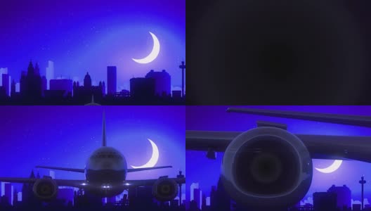 利物浦，英国，英国，飞机起飞，月亮之夜，蓝色天际线旅行高清在线视频素材下载