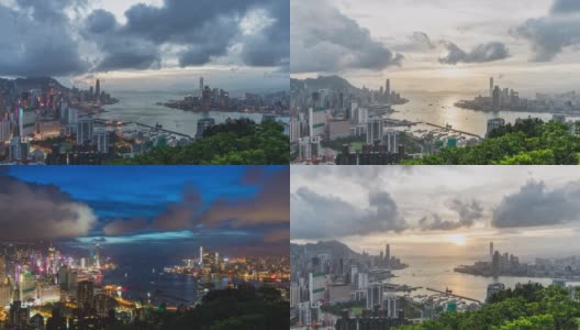 从红香炉山顶，4K DCI白天到晚上的时间拍摄香港岛、维多利亚港和九龙城的景观或城市景观。亚洲旅游目的地或亚洲旅游概念高清在线视频素材下载