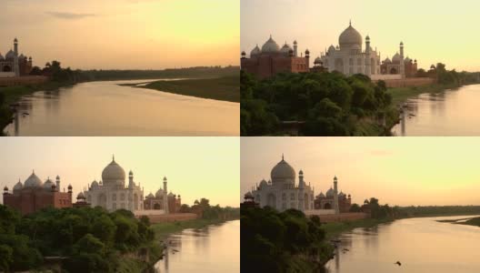 日落时分的泰姬陵和亚穆纳河，在阿格拉，北方邦，印度高清在线视频素材下载