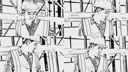 手绘，涂鸦卡通风格，员工男子戴安全帽在仓库工作的肖像高清在线视频素材下载