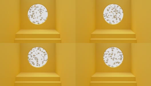 黄色墙壁地板楼梯圆洞球悬浮三维渲染运动高清在线视频素材下载