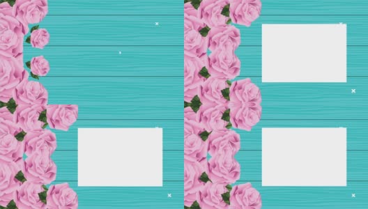粉色玫瑰花与方形框架在木背景动画高清在线视频素材下载