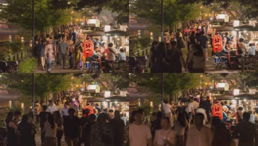时光流逝:游客聚集在日本福冈博多中河八台小吃摊高清在线视频素材下载