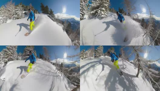 自拍:朱利安阿尔卑斯地区，一名年轻的滑雪男子在滑雪道上摔碎了刚滑下来的雪。高清在线视频素材下载