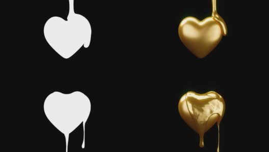 金色巧克力倒在黑色背景的金色心形上。3 d动画。高清在线视频素材下载