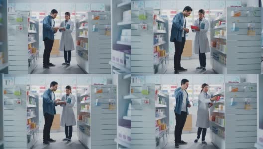 药店:女性亚洲药剂师帮助拉丁男性客户与推荐，并建议购买药物，药物，维生素。现代药店货架与保健产品高清在线视频素材下载