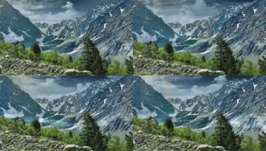山的风景。与雾谷。油画风格。美丽的白雪覆盖的山口。动画。循环。高清在线视频素材下载