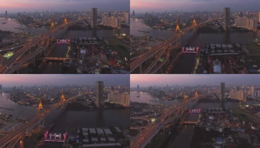 泰国曼谷普密蓬大桥横跨湄南河的鸟瞰图高清在线视频素材下载