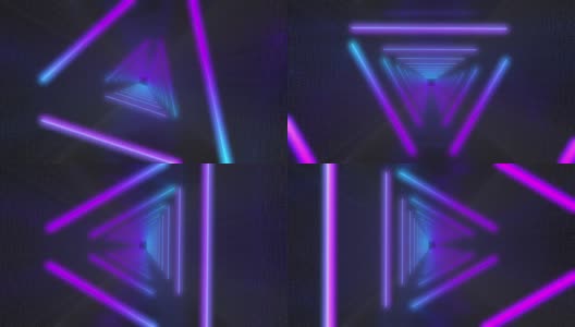 抽象飞行在未来主义的走廊三角形，无缝循环4k背景，荧光紫外线，彩色激光霓虹线，几何无尽的隧道，蓝粉色光谱，高清在线视频素材下载