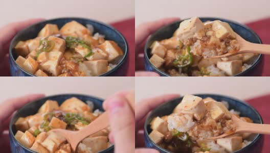 麻婆豆腐米饭碗。日本的中国食品。高清在线视频素材下载