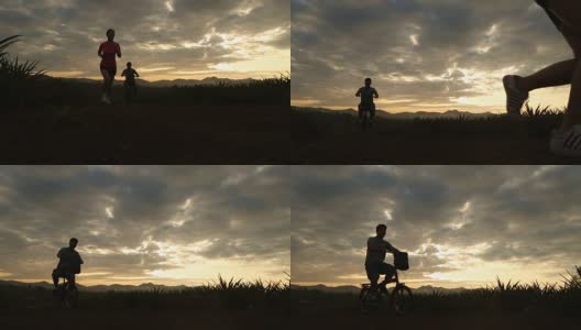 女人慢跑，男人骑自行车高清在线视频素材下载