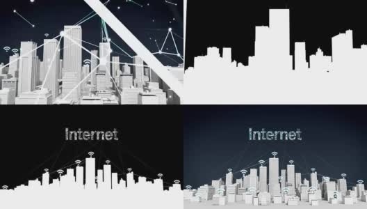 事物Wi-Fi图标上的智慧城市，连接网格错别字“互联网”白色建筑。高清在线视频素材下载
