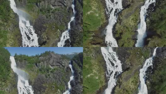 挪威的急瀑布。鸟瞰图，夏季时间..Latefoss是一个强大的，双瀑布，著名的观光高清在线视频素材下载