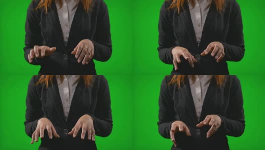 办公室妇女的手打字在虚构的显示模拟工作使用未来全息界面高清在线视频素材下载