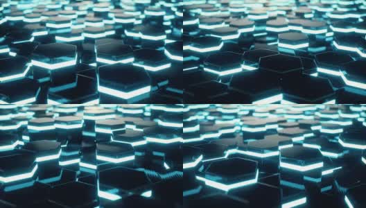 抽象蓝色的未来表面六边形图案与光线。3D渲染4k动画高清在线视频素材下载